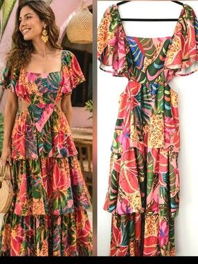 Vibrant TROPICAL Fruit Print DE JANEIRO Resort Tiered Maxi Vacation DRESS Size L